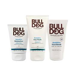 Bulldog Mens Skincare and Grooming Sensitive Vollgesichtsset mit Feuchtigkeitscreme, Gesichtswäsche und Gesichtspeeling, 3 Stück von BULLDOG