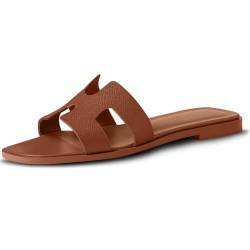 BUMIZZU Damen-Sandalen, H-Riemen, flache Sandalen, Brown Lychee, 39 EU von BUMIZZU