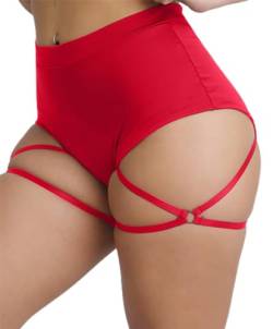BUNSLOOM Damen Booty Shorts mit Strumpfgürtel Hohe Taille Fitness Pole Dance Hot Pants Active Butt Lifting Yogahose, B-red, X-Groß von BUNSLOOM