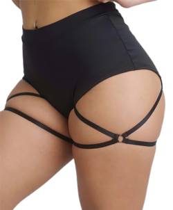 Damen Booty Shorts mit Strumpfgürtel Hohe Taille Fitness Pole Dance Hot Pants Active Butt Lifting Yogahose, B-schwarz, Mittel von BUNSLOOM