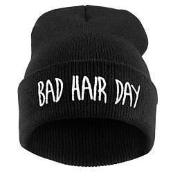 AONER Beanie Mütze “Bad Hair Day” Strickmütze Wintermütze mit Einstickung Hip-Hop Mütze Bestickt Mütze, Schwarze Mütze mit Weiß Worte, Einheitsgröße von BUONDAC