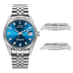 BUREI Herren Custom Uhren Personalisiertes Luxus -automatik -Armbanduhrgesschenk, Kalenderdatum Display Mit Saphirkristall -Strass -markern(Dunkelblau) von BUREI