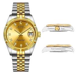 BUREI Herren Custom Uhren Personalisiertes Luxus -automatik -Armbanduhrgesschenk, Kalenderdatum Display Mit Saphirkristall -Strass -markern(Gold) von BUREI