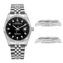 BUREI Herren Custom Uhren Personalisiertes Luxus -automatik -Armbanduhrgesschenk, Kalenderdatum Display Mit Saphirkristall -Strass -markern(Schwarz) von BUREI
