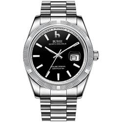 BUREI Herren Uhren Analoge Quarzuhr Schwarz Zifferblatt mit Datumsanzeige Silber-Armband Watch for Men von BUREI