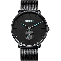 BUREI Herren Uhren Quarz Armbanduhr Schwarz Analoganzeige Schlichtes Design Klassisches Edelstahlgitterband von BUREI