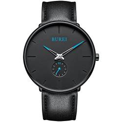BUREI Herren Uhren Quarz Armbanduhr Schwarz Analoganzeige Schlichtes Design Klassisches weiches Lederband von BUREI
