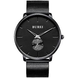 BUREI Herren Uhren Quarz Armbanduhr Schwarz Analoganzeige Schlichtes Klassisches Design Edelstahlband (Silber schwarz -13) von BUREI