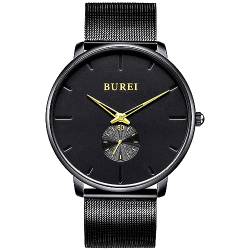 BUREI Herren Uhren Quarz Armbanduhr Schwarz Analoganzeige Schlichtes Klassisches Design Edelstahlband von BUREI