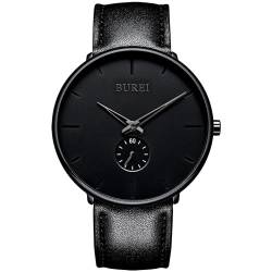 BUREI Herrenuhr Minimalist Ultra Thin Black Dial Analog Quarz-Armbanduhr mit schwarzem Lederarmband von BUREI