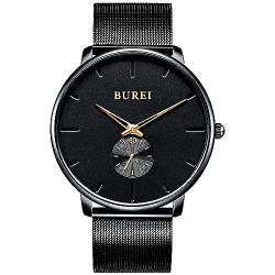 BUREI Herrenuhr Minimalistisch Schlank Schwarzes Zifferblatt Analog Quarz Uhr mit Schwarzem Mesh Armband von BUREI