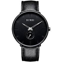BUREI Herrenuhr Ultradünne Schwarze Analog-Quarz Silberzeiger mit großem dial und schwarzem Lederband von BUREI