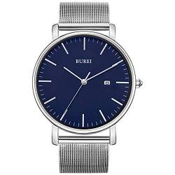 BUREI Stilvolle Minimalistische Ultra Slim Herren Uhr Blau Datum Großes Gesicht Armbanduhr mit Silber Armband von BUREI