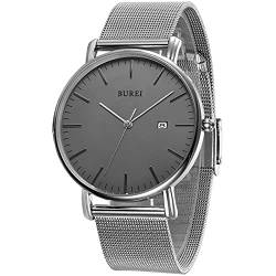 BUREI Stilvolle Minimalistische Ultra Slim Herren Uhr Grau Datum Großes Gesicht Armbanduhr mit Silber Armband von BUREI