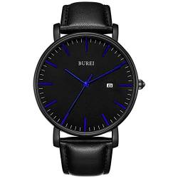 BUREI Stilvolle Minimalistische Ultra Slim Herren Uhr Schwarz Datum Blauer-Zeiger Großes Gesicht Armbanduhr mit Schwarz leaderband von BUREI