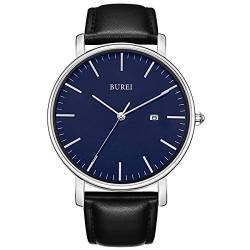 BUREI Stilvolle Minimalistische Ultra Slim Herren Uhr Schwarz Datum Großes Gesicht Armbanduhr mit Schwarz Armband von BUREI