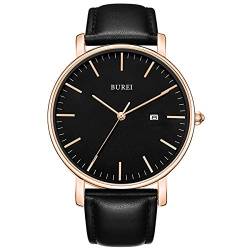 BUREI Stilvolle Minimalistische Ultra Slim Herren Uhr Schwarz Datum Großes Gesicht Armbanduhr mit Schwarz Armband von BUREI