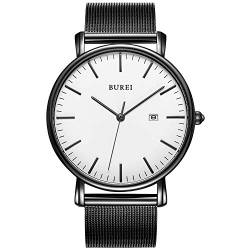 BUREI Stilvolle Minimalistische Ultra Slim Herren Uhr Weiß Datum Großes Gesicht Armbanduhr mit Schwarz Armband von BUREI
