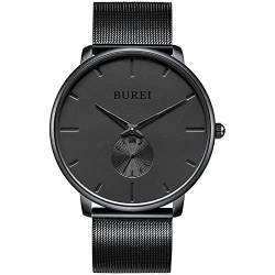 BUREI Uhren Herren Analog Quarz Armbanduhr mit Edelstahlarmband für Herrenuhr Ultradünne Schwarze Uhr Herren Wasserdicht(schwarz) von BUREI