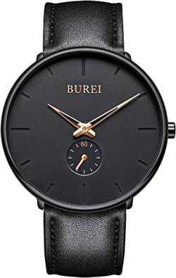 BUREI Uhren Herren Analog Quarz Armbanduhr mit Lederarmband für Herrenuhr Ultradünne Schwarze Uhr Herren Wasserdicht von BUREI
