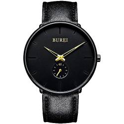 BUREI Uhren Herren Gold Schwarz Armbanduhr Herren Quarzuhr Wasserdicht Uhr Minimalistisch Herrenuhr mit Lederarmband von BUREI