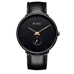 BUREI Uhren Herren Schwarz Herrenuhr Analog Lederarmband Uhr Herren Quarzuhr Wasserdicht Minimalistisch Armbanduhr Großes Zifferblatt von BUREI