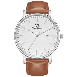 BUREI Vigor Rigger Herrenuhren Datumsanzeige minimalistische Quarz-Armbanduhr mit einfachem, weißem, großem Gesicht, Silbergehäuse mit braunem Leder-Band von BUREI