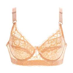 BURUVO Damen Push Up BH mit geblümter Spitze Cups Bügel-BH Gepolsterte Unterwäsche Bustier Dünne Dessous Top Light beige 110B von BURUVO