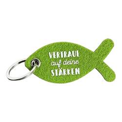 BUSDUGA 4266 Schlüsselanhänger Fisch 8x4cm grün (Gott ist stets bei dir) und (Vertraue auf deine Stärken), Taschenanhänger Glücksbringer, (Vertraue auf deine Stärken) von BUSDUGA