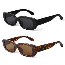BUTABY Rechteckige Sonnenbrille für Damen, Retro-Fahrbrille, 90er-Jahre, Vintage-Stil, quadratischer Rahmen, schmal, UV400-Schutz, schwarzer Rahmen, graue Gläser + braune Leoparden-Gläser von BUTABY