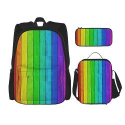 3-teiliges Set mit Regenbogen-Hintergrund aus Holz + Stifteetui + Lunch-Tasche, Regenbogenfarbener Holzhintergrund, Einheitsgröße von BUULOO