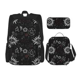 Psych Ananas Zitat Schulranzen + Stifteetui + Lunchtasche Combo 3-teiliges Set Combo, Supernatural Symbole schwarz, Einheitsgröße von BUULOO