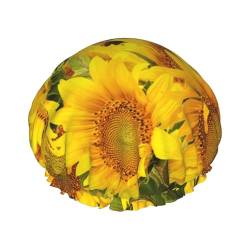 Sonnenblumenfeld-Duschhaube mit elastischer, wasserdichter Duschhaube, doppellagig, wiederverwendbar, Ohrenschützer für Männer, Frauen, Frauen von BUULOO