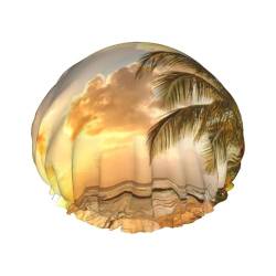 Sonnenuntergang Hawaii Palme Duschhaube mit elastischer, wasserdichter Duschhaube doppellagig wiederverwendbar, Ohrenschützer für Männer, Frauen und Frauen von BUULOO