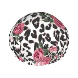 Süße rosa Rose Mix Leopard Muster Duschhaube mit elastischem, wasserdichtem Duschhaube, doppellagig, wiederverwendbar, Ohrenschützer für Männer, Frauen und Frauen von BUULOO