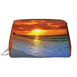 Tragbare Make-up-Tasche aus Leder mit Sonnenuntergang, große Kapazität, Reise-Make-up-Tasche, Kulturbeutel, Reise-Organizer, tragbare Make-up-Tasche., Strand mit Sonnenuntergang, Einheitsgröße von BUULOO