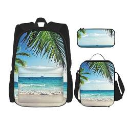 Tropische Palme Hawaii Strand Schultasche + Stifteetui + Lunchtasche Combo 3-teiliges Set Combo, Tropische Palme Hawaii Strand, Einheitsgröße von BUULOO