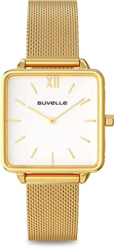 BUVELLE Damen Armbanduhr mit Edelstahl Netz Armband Quadratisch Zifferblatt 28 mm (Gold/Weiß) von BUVELLE