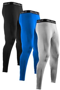 BUYJYA 3er-Pack Herren Kompressionshose Laufhose Workout Leggings Athletic Cool Dry Yoga Gym Kleidung Geschenk, blau-grau-schwarz, X-Groß von BUYJYA