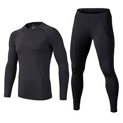 BUYKUD Herren Langarm Base Layer Kompression Athletic Unterwäsche Shirt Strumpfhose Top & Bottom Set, Schwarz , M von BUYKUD