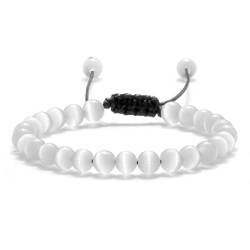 Natürliches Katzenaugen-Stein-Armband, 6 mm Perlen, verstellbar, handgefertigt, geflochtene Armbänder, Armreifen für Damen und Herren, Schmuck, weißes Katzenauge von BUZHI
