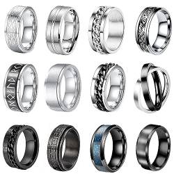 BVLAGIDA 12 Stück Ringe Herren Edelstahl Ringe Silber Band Ketten Ringe Flaschenöffner Ringe Matt Finish Poliert Band Herrenring Schwarze Ehering Verlobungsringe Herren Ring Größe 54-69 von BVLAGIDA