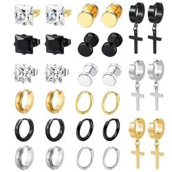 BVLAGIDA 15 Paar Herren Ohrringe, Edelstahl Creolen, Kreuz Anhänger Ohrringe Set, Fake Plugs Ohrringe, Zirkonia Ohrstecker für Herren Damen, Silber/Gold/Schwarz von BVLAGIDA