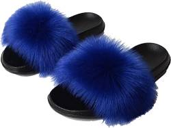 BWGHBH Damen Mädchen Hausschuhe Pelzpantoletten offene Zehen pelzige Sandalen flache weiche Hausschuhe,Flip Flop AntiRutschSohle Römische Schuhe(Blau,37) von BWGHBH