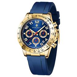 AKNIGHT Herren Uhr Chronograph Analogue Quartz Wasserdicht Business Schwarz/Blau Zifferblatt Armbanduhr mit Silikonband von BY BENYAR