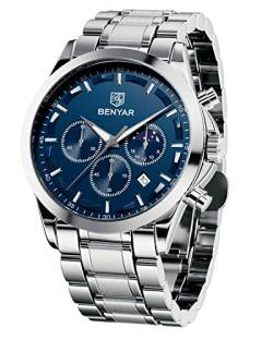 BENYAR Herren Uhr Chronograph Analog Quarz Stilvolle Edelstahlarmband Armbanduhr Wasserdicht Leuchtende Datum Herrenuhren Elegantes Business Uhren Geschenk für Männer von BY BENYAR