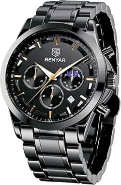 BENYAR Herren Uhr Chronograph Analogue Quartz Uhr Männer Business Military Sport Armbanduhr mit Leder Armband 30m Wasserdicht Elegant Geschenk für männer von BY BENYAR