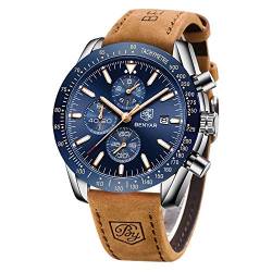 BENYAR Herren Uhr Chronograph Analogue Quartz Wasserdicht Business Blau Zifferblatt Armbanduhr mit Braunes Leder Armband von BY BENYAR