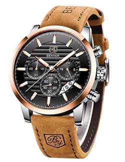 BY BENYAR Herrenuhr Mode Quarzwerk Armbanduhr Analog Chronograph Business Wasserdicht und Kratzfest Edelstahlarmband Freizeit Sportuhren für Herren（braun Gold schwarz） von BY BENYAR