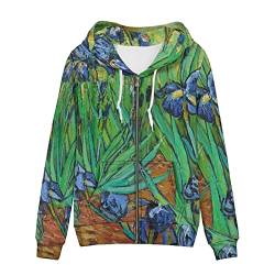 BYCHECAR Damen Langarm Reißverschluss Kapuzenjacke Sweatshirt Mantel, Van Gogh Irises, 50 von BYCHECAR